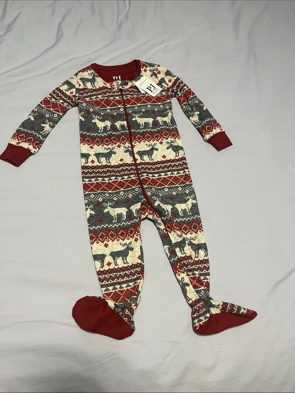 Children’s Place Red, Gray & Cream Reindeer Fair Isle Footed One-Piece